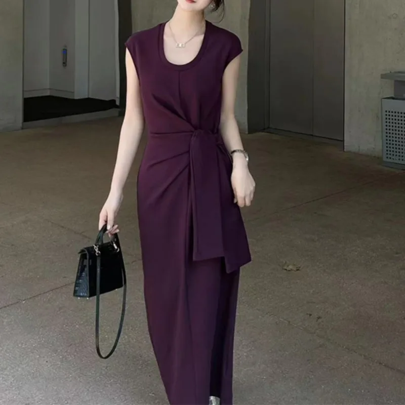 Французское платье без рукавов с U-образным вырезом женское летнее поясом и