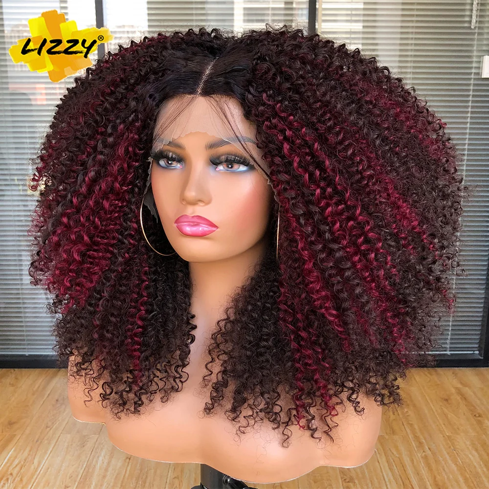 

Lace Front Wigs for Black Women Ombre BurgundyShort Afro Kinky Curly Wig Synthetic Natural Glueless Lace Frontal Bob Wig