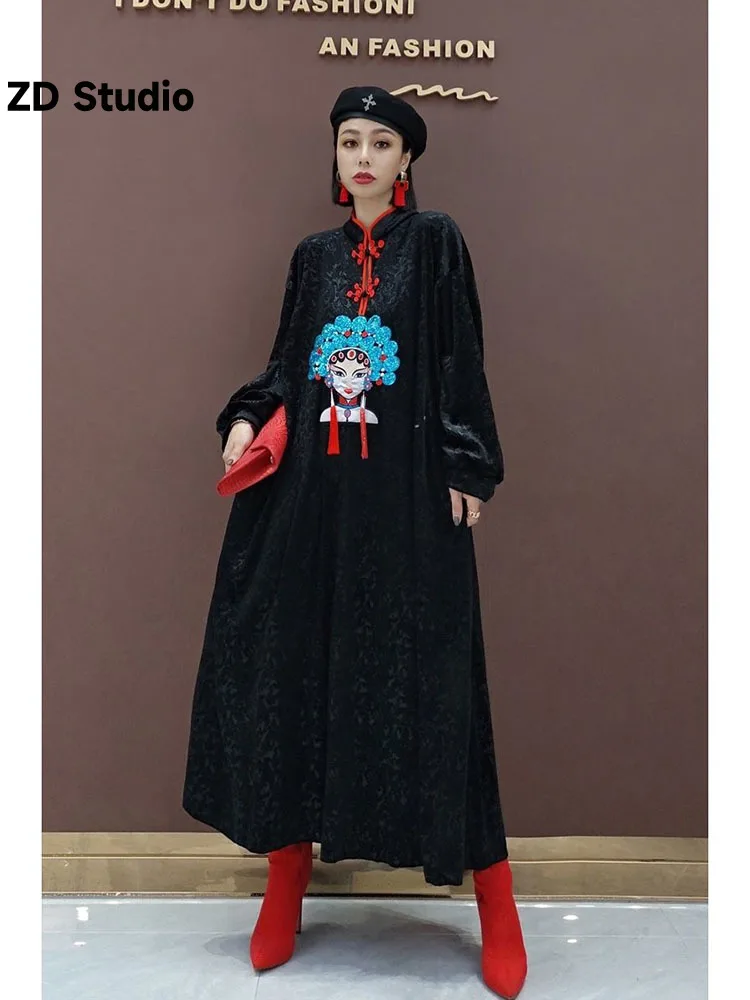 

[ZD Studio] 2023 Spring New Fashion Dress Golden Velvet Mid Length Dress Large Women's Wear Loose robe