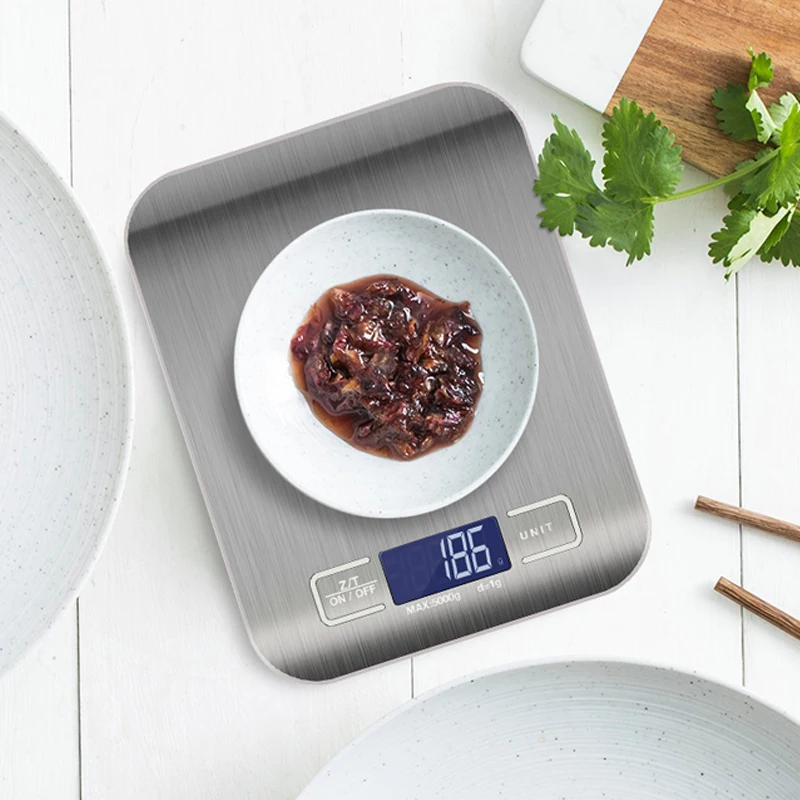 Дешево Электронные кухонные весы, Точный Цифровой безмен из нержавеющей стали, максимальный вес 5/10 кг, ЖК-дисплей, отображение в граммах