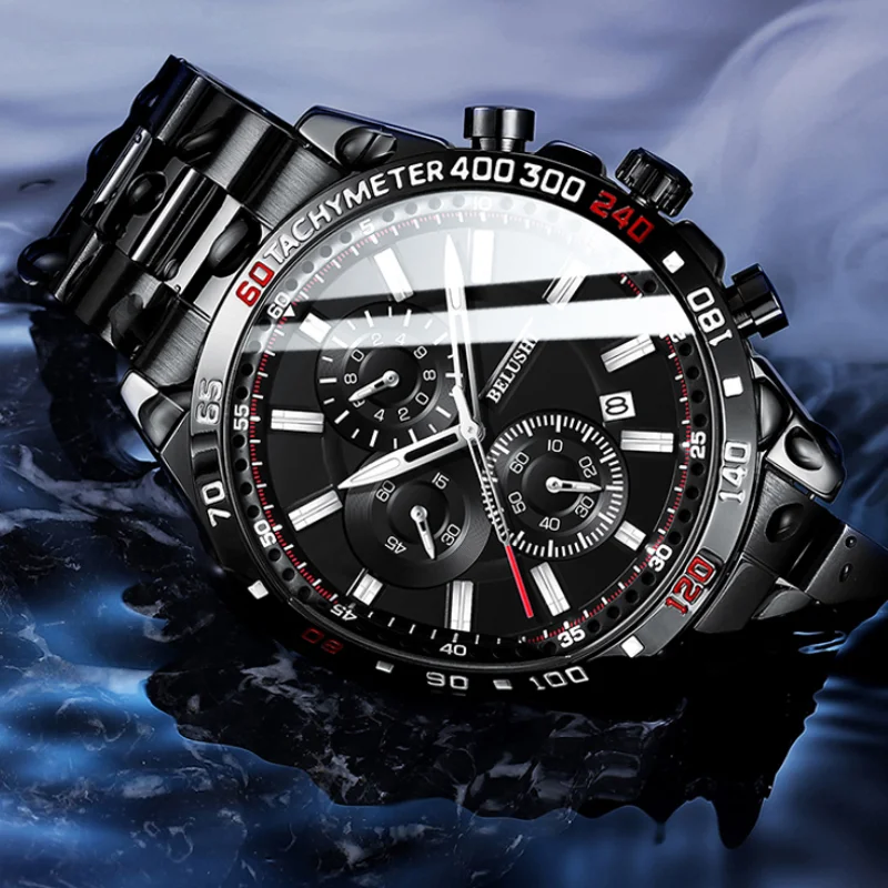 

Мужские водонепроницаемые кварцевые часы из нержавеющей стали с хронографом