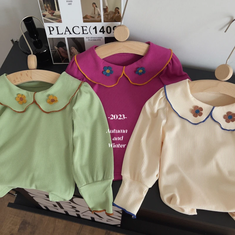 

Базовая рубашка с длинным рукавом для девочек, осенняя новая однотонная Базовая рубашка для девочек с вышивкой на воротнике и длинными рукавами, одежда для девочек