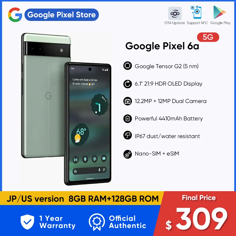 Google Pixel 6A 5G Smartphone 6GB RAM 128GB ROM 6.1"OLED Display Octa Core NFC US/Japan Version Full Screen Android Mobile Phone