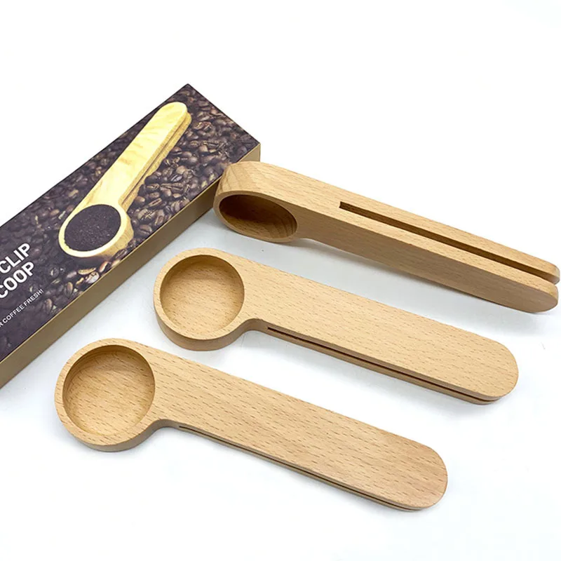 

16cm 2 In 1 Wooden Coffee Scoop And Bag Clip Solid Beech Wood Measuring Spoon Coffee Bags Sealer Suitable For Ground Beans
