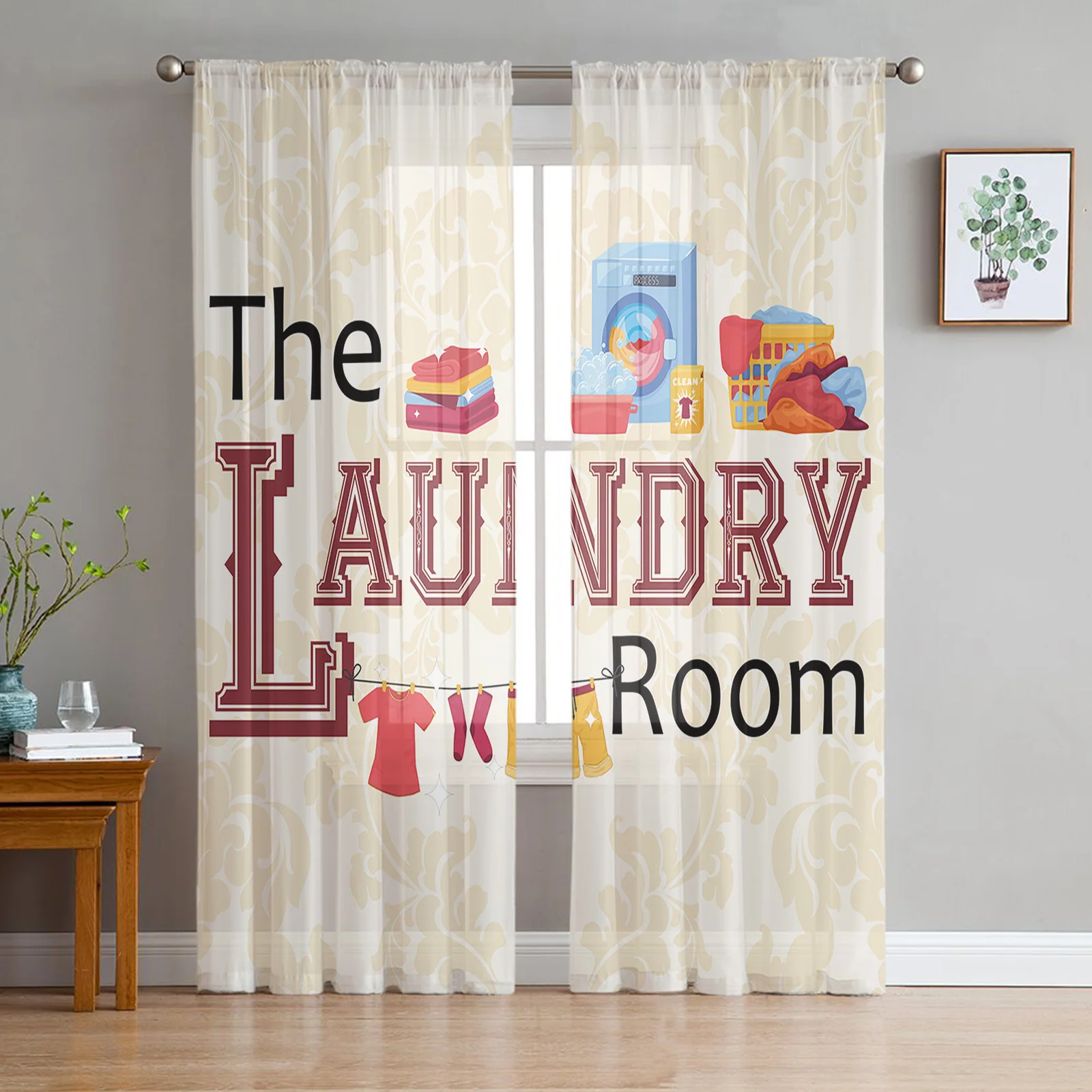 

Laundry Room Clothes Pattern Sheer Curtains for Living Room Bedroom Tulle Curtain for Kitchen Home Decor Window Drapes