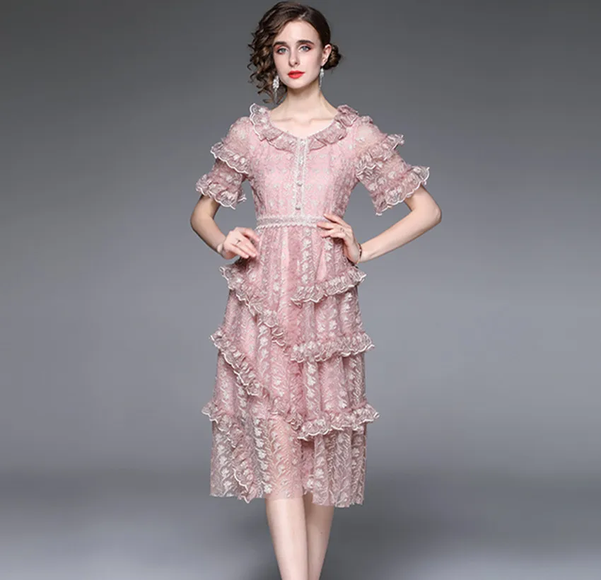 

Summer Luxury Embroidery Flower Mesh Long Midi Party Dress High Quality Women Cascading Ruffles Sweet Princess Runway Dresses