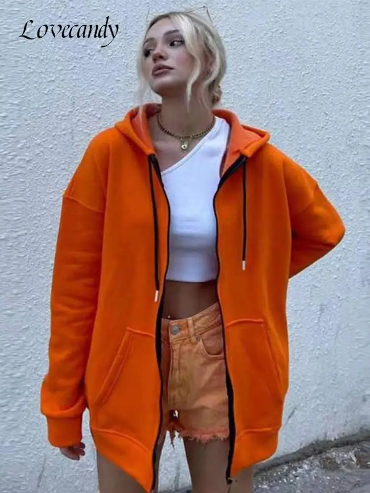 

2022 Winter Chic Fleece Lined Zipper Jackets Leisure Solid Drawstring Long Sleeve Outerwear Fashion Chic Streetwear Sweatshirt