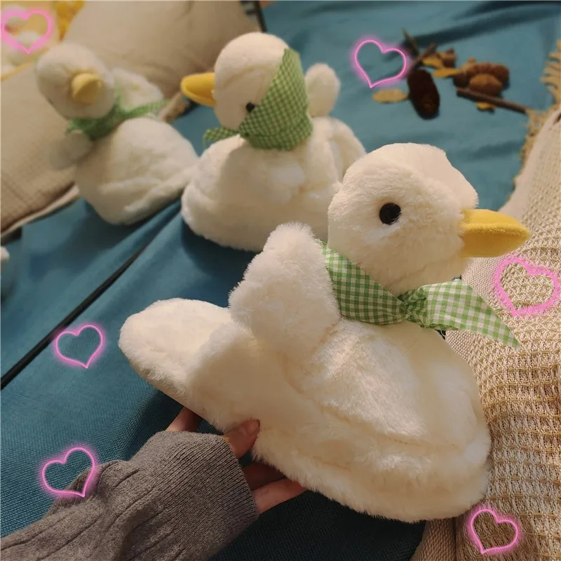 BKQU Little Duck Fluffy Slippers Women Wear Baotou 2022 Autumn and Winter New All-match Cute Cartoon Plush Warm Cotton Slippers