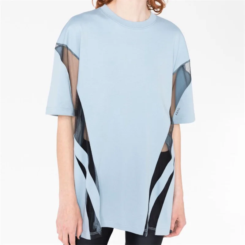 

Женские футболки, Новинка лета 2023, сетчатый комбинированный топ с коротким рукавом, корейский Модный пуловер с вырезами, эластичный пуловер с круглым вырезом y2k traf