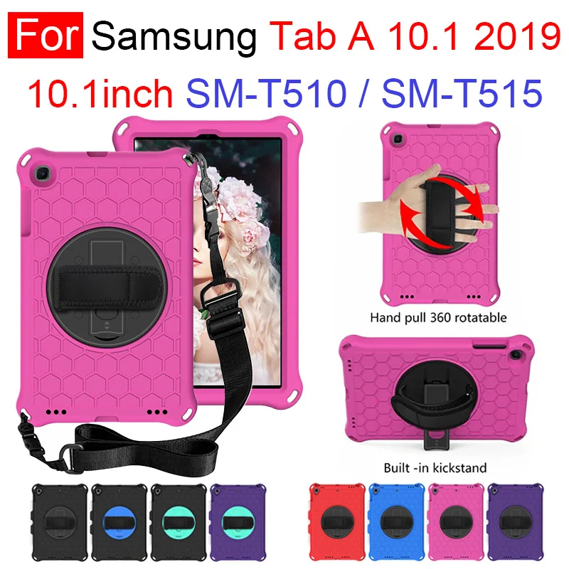 

For Samsung Galaxy Tab A 10.1 2019 SM-T510 T515 EVA Kids Safe Shockproof Case 360 Rotate Hand Shoulder Strap Stand Tablet Cover