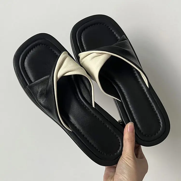 

2022Summer Square Toe Women Platform Slippers Black Rubber Sole Beach Slides Apricot 5cm High Heels Tenis Femininos Sapatos