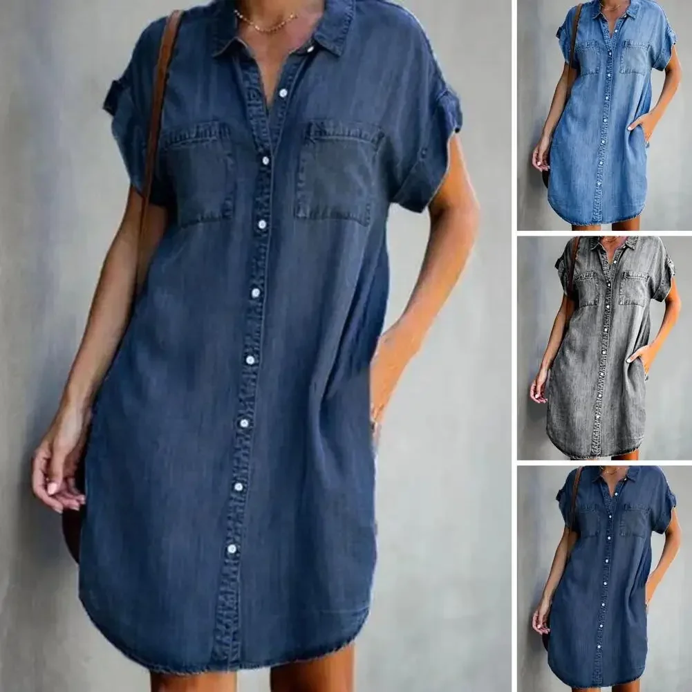 Женское платье с карманом на пуговицах и короткими рукавами лацканами