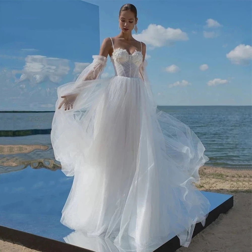 

Modern Bride Gowns Lace Applique Puff Long Sleeve Sweetheart Princess Beach Wedding Dresses Lace Up A-Line Vestido De Noiva