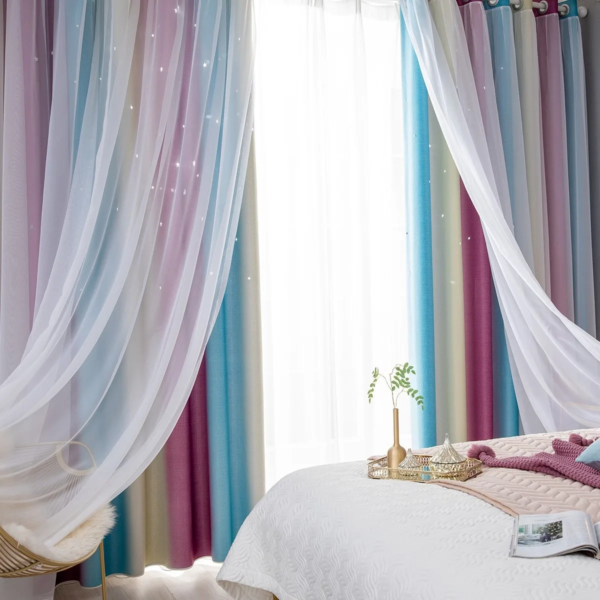 Радужные шторы из полиэстера для девочки