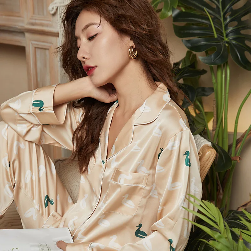100% Silk Pajamas Women's Summer Ice Silk Long Sleeve Pants Two Pieces Ladies Simple Casual Loose Homewear Luxury Sexy Pjs