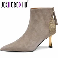 【JOCHEBED HU】Fashion Designer Womens Ankle Boots Low Kitten Heel Pointed Toe Stiletto High Heel Autumn Winter Black Leather Shoe