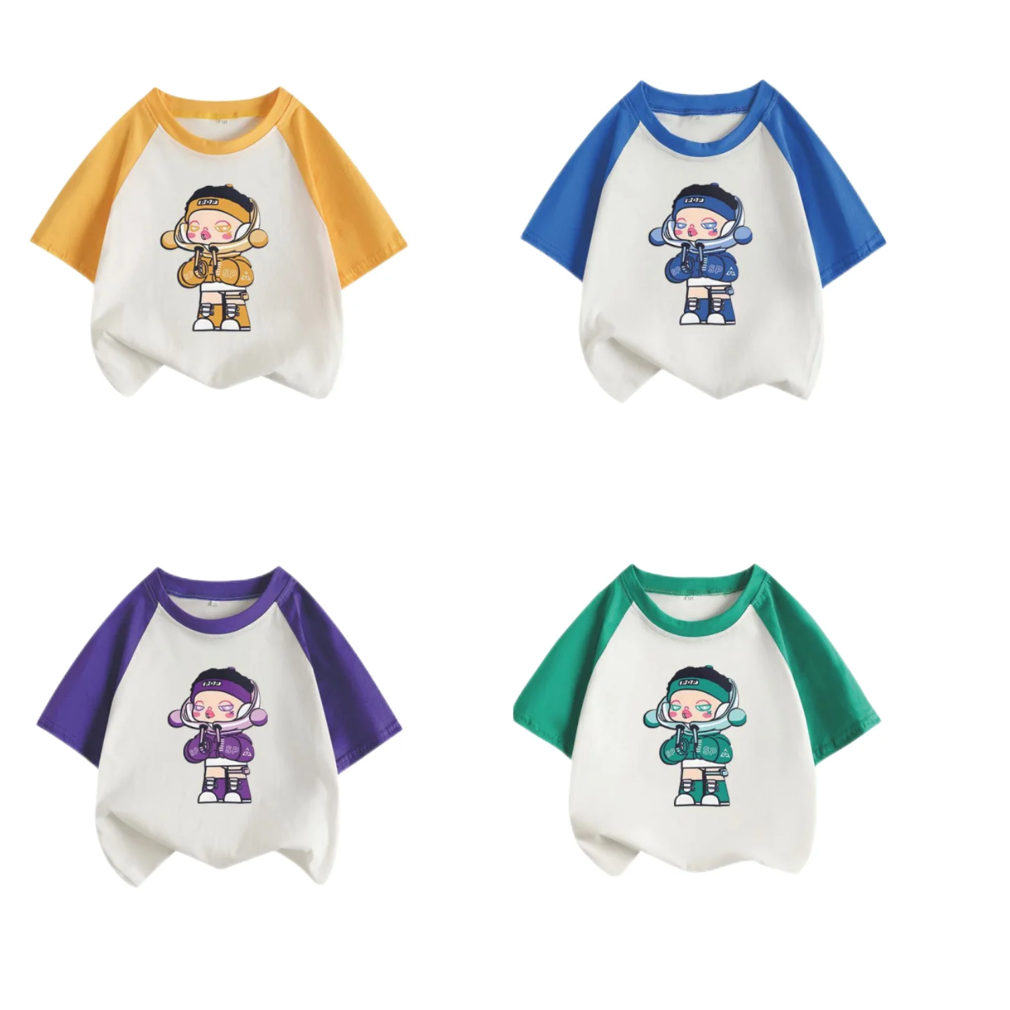 

Kawaii 100% Cotton Stitching Printing Cartoon Cute POP MART Raglan Luminous Color Changing Boys and Girls T-Shirt Half Sleeves