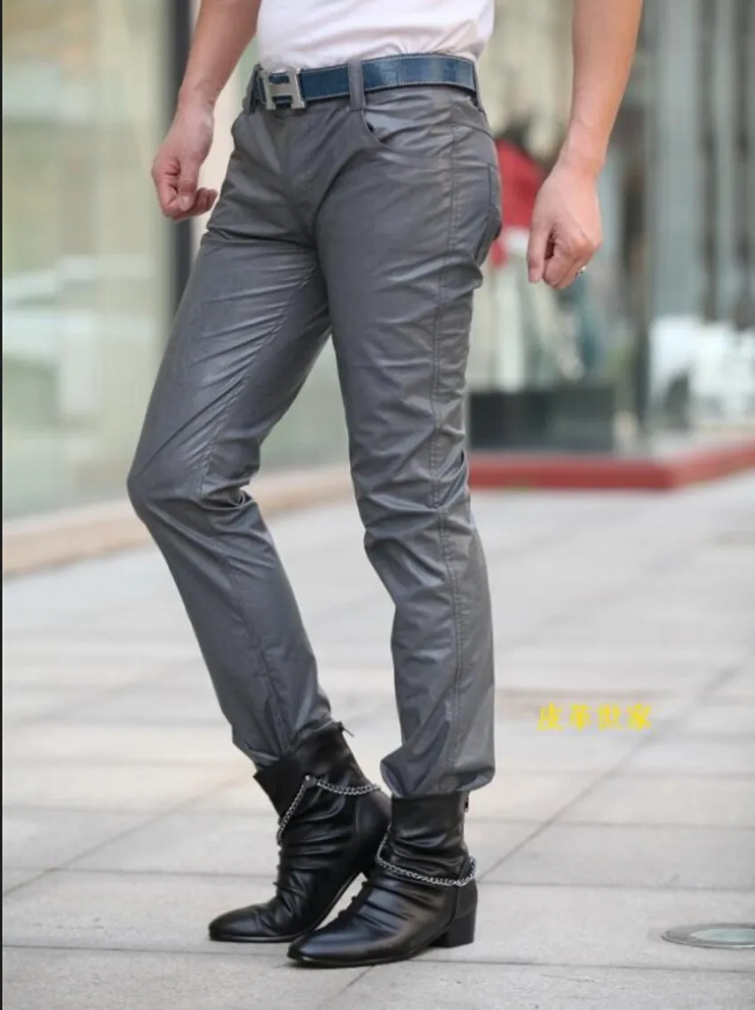 Autumn New Men Fashion Korean Faux Leather Pants Smoke Gray Slim Male Trousers Nightclub Performances Plus Size Motorcycle Pant