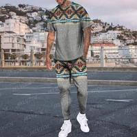 new summer mens tracksuit 2 pieces t shirts trousers suit vintage plai print outfit casual stylish sweatshirt set male clothing
