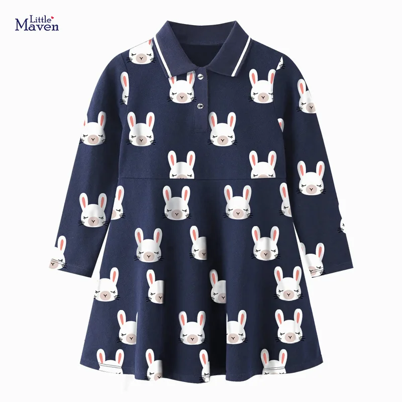 

Little maven 2022 Long Sleeves Dress Black with Cartoon Lovely Rabbit Cotton Soft and Comfort Autumn Casual Clothes for Kids
