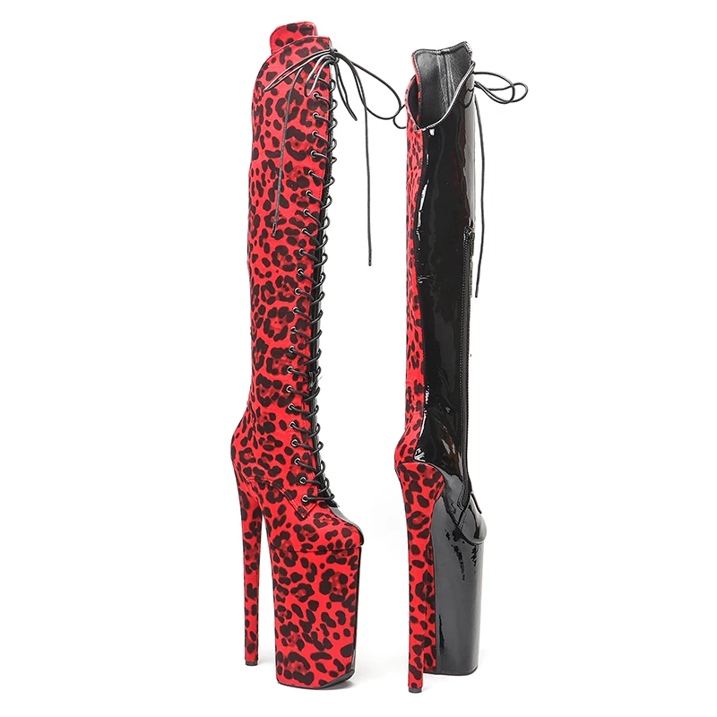 Leecabe  26CM/10inches  red color Leopard with black color patent  sexy exotic High Heel platform party shoes Pole Dance boot