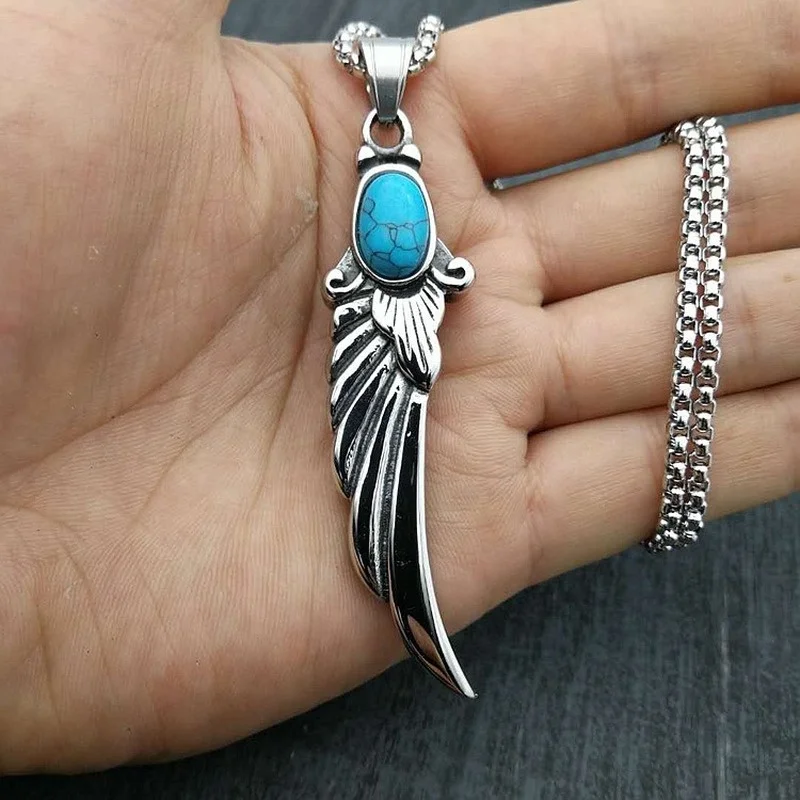 

New Mens Fashion Vintage Titanium Steel Turquoise Wings Feather Pendant Necklace Punk Hip Hop Personality Jewelry Gift