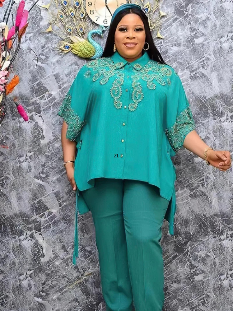 2 Two Piece Set Diamonds Three Quarters Sleeve Blouse Tops And Pant Suits Summer Autumn Women Set Sheath Matching Fashion Outfit