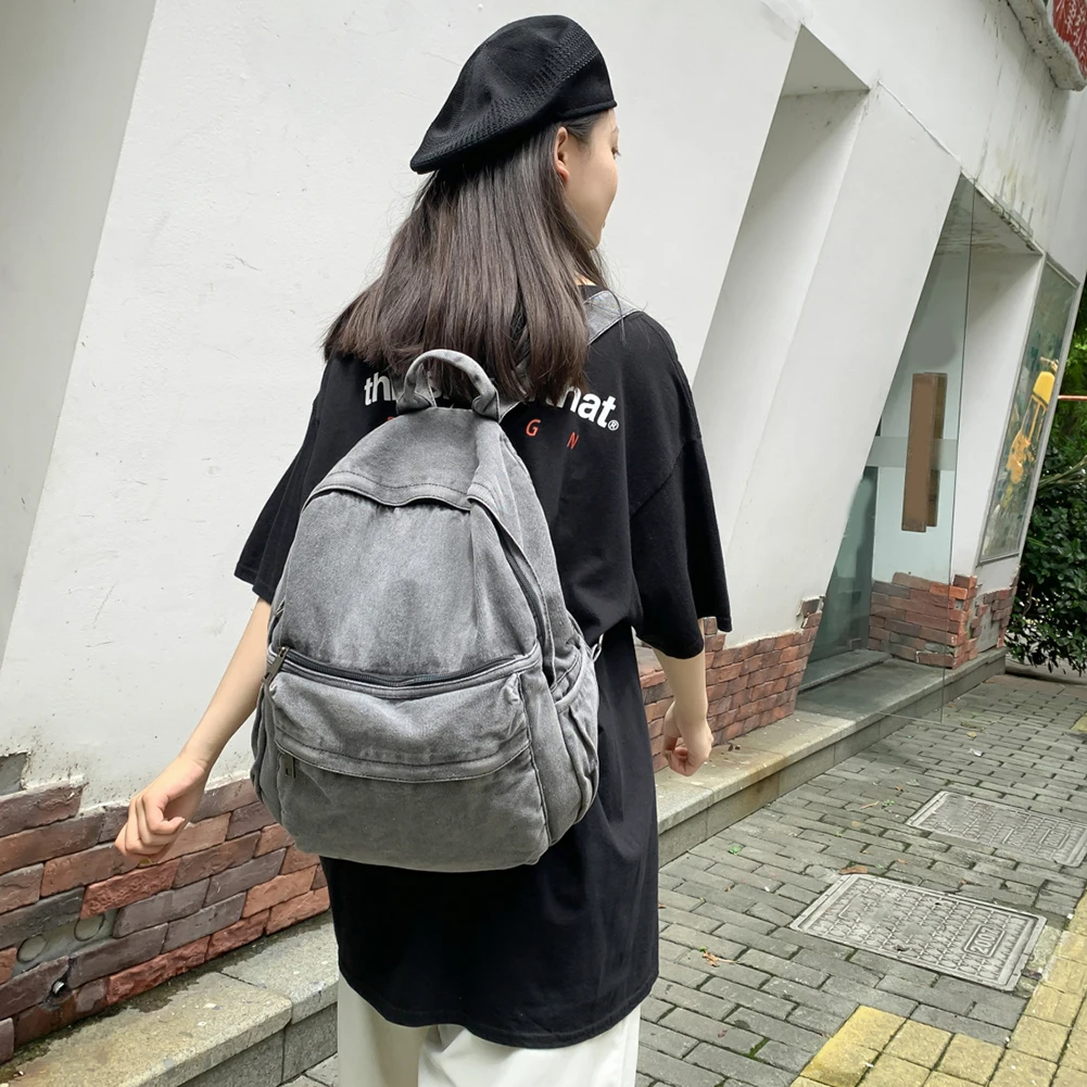 

New Gray Denim Backpack Women's Leisure Travel Outing Shoulder Bag Female Fashion Schoolbags Suitable For Boys And Girls Mochila