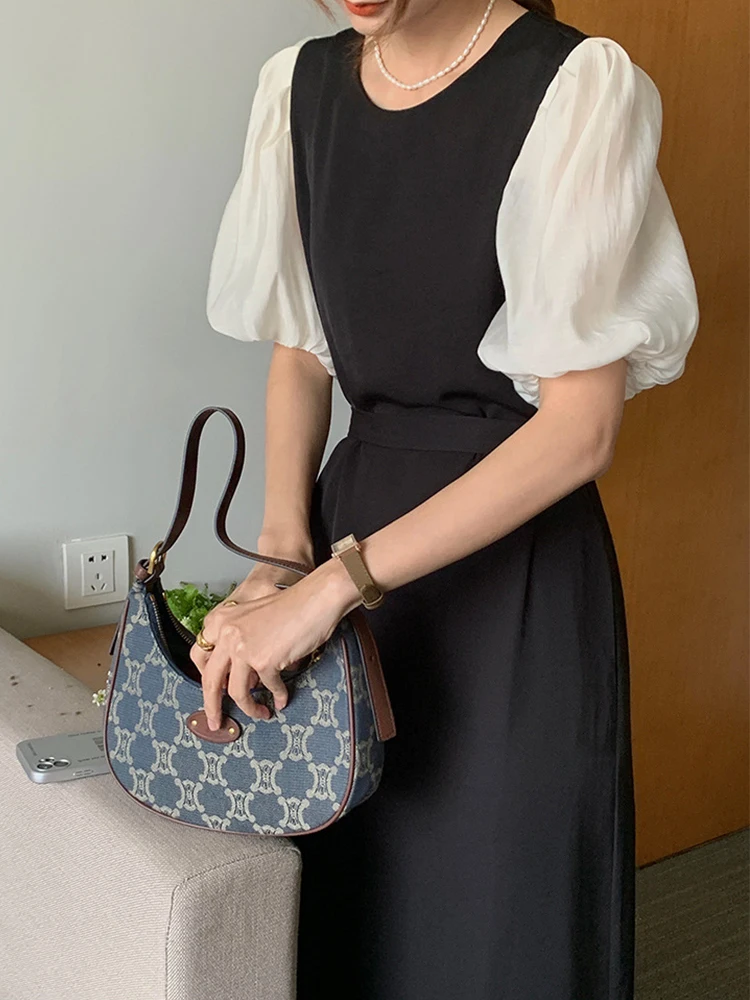 

Summer 2022 New Korean Chic French Retro Round Neck Lace Up Waist Contrast Bubble Sleeve Dress Elegant Birthday Dress For Women