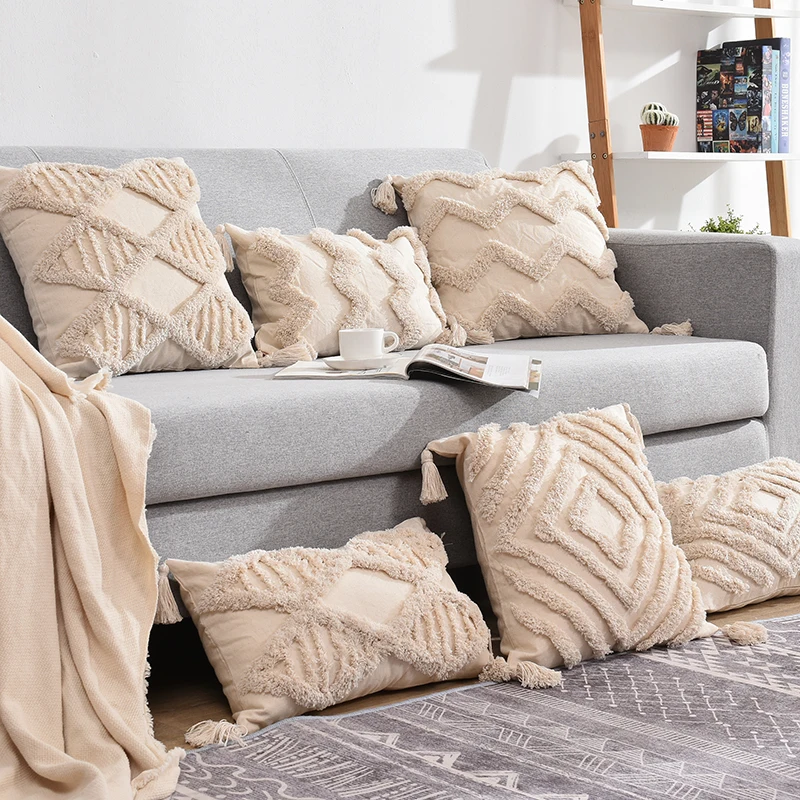 

Tassels Tufted Throw Pillowcase Boho Geometric Beige Weven Cushion Cover Home Decoration Living Room Sofa Car 30X50/45X45cm MT