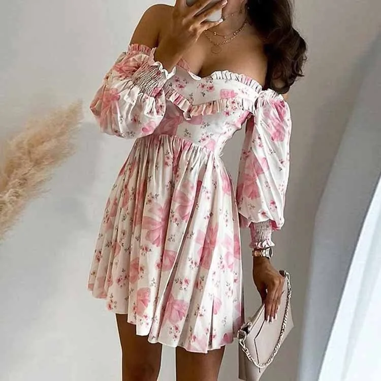 

2023 New Spring and Summer Women's Sexy Commuter High Waist One Shoulder Print Flower and Wood Ear Dress