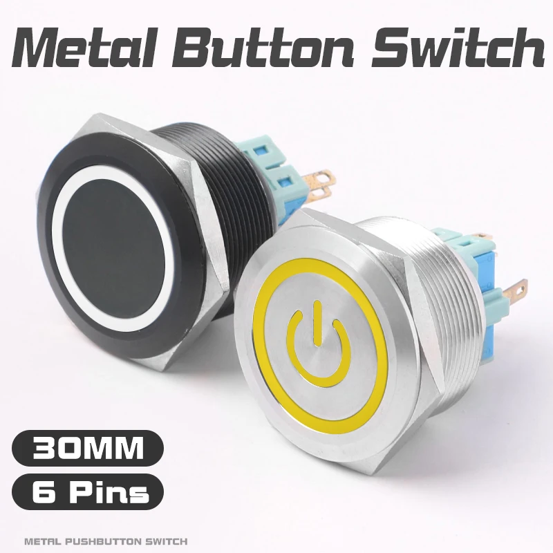 

30mm Waterproof Metal Push Button Switch With LED Light Self-locking And Momentary 6Pins Car Engine Power Switch 1NO1NC