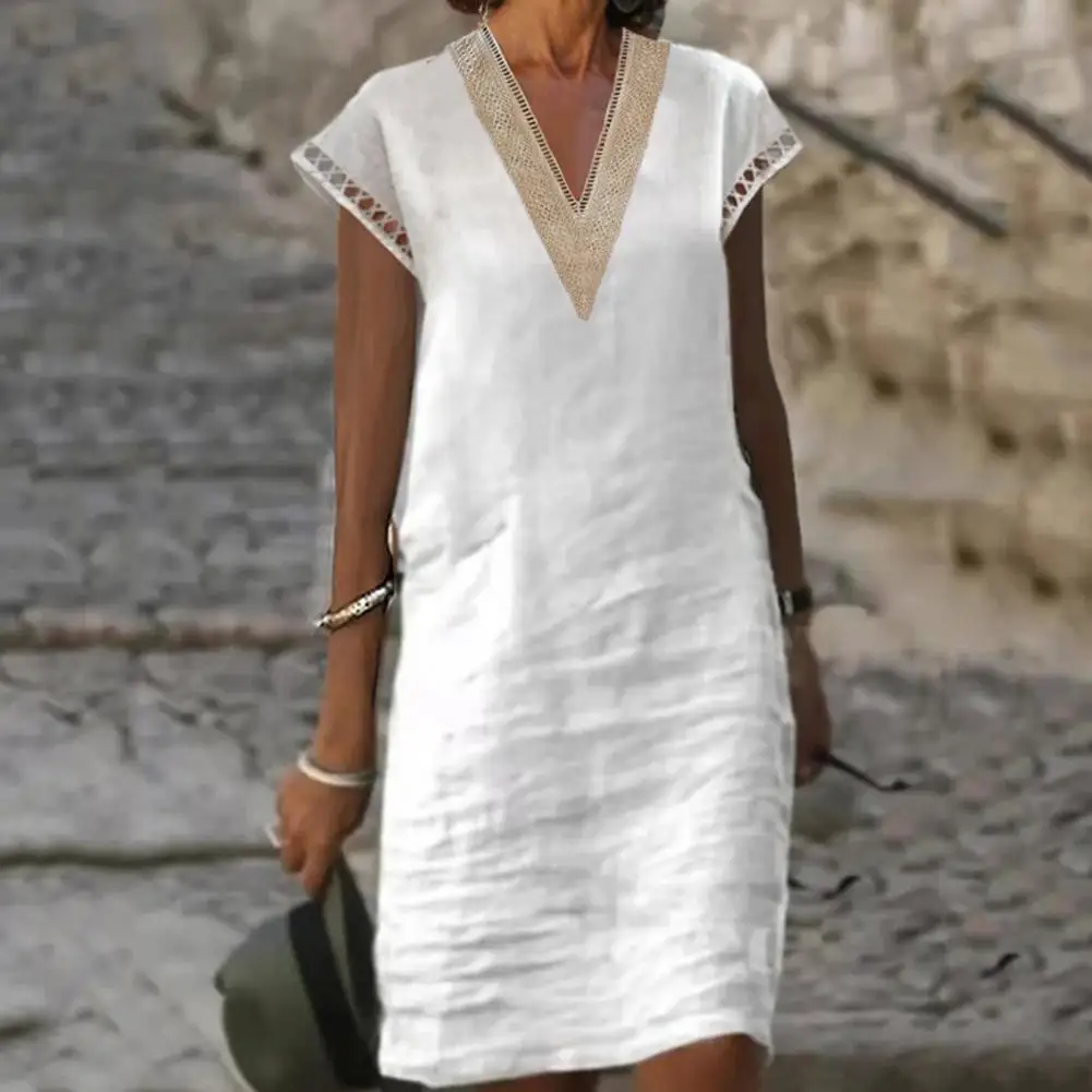 

Женское однотонное платье, летнее Кружевное платье миди с V-образным вырезом и вырезами, платье до колен, женское платье с коротким рукавом