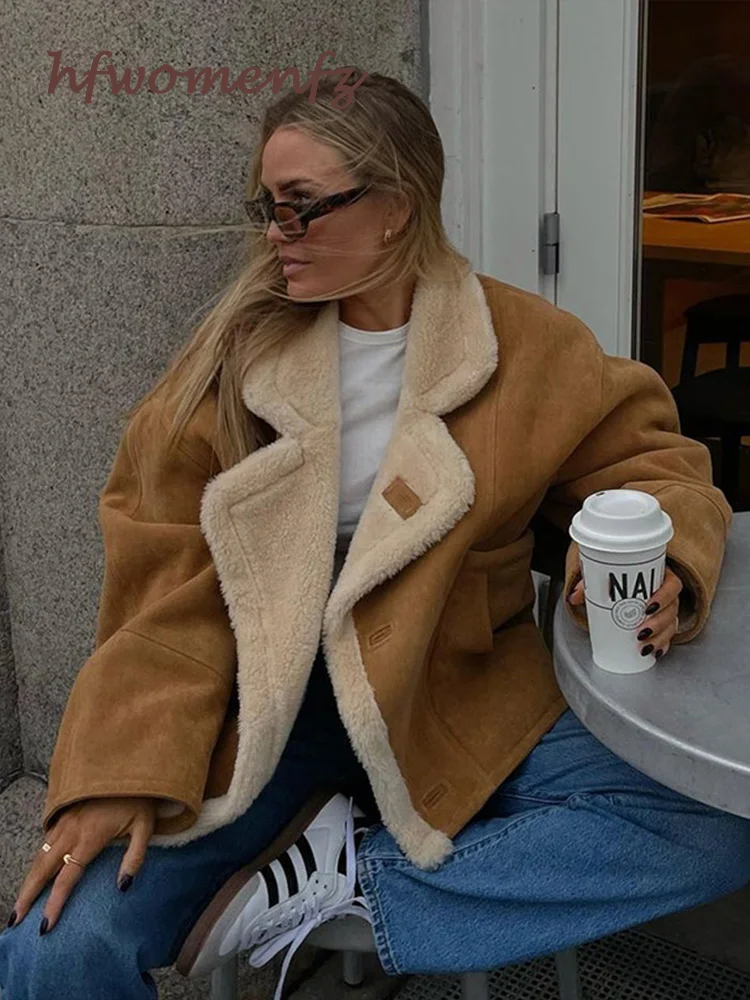 Женская винтажная коричневая куртка из овечьей шерсти с длинными рукавами и