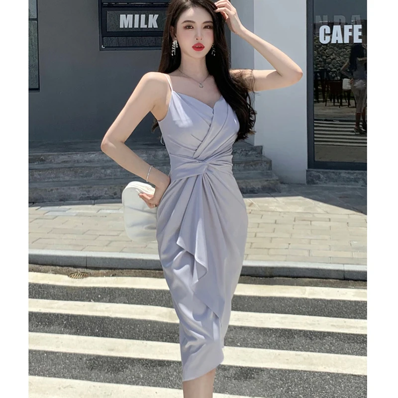 

KAVISSO Irregular Sling Dress 2022 New Female Hepburn Style Waist Slimming Sexy And Charming Dating Dress Women Two Colors