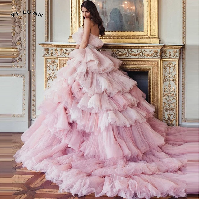Luxury Ball Gown Tulle Evening Dresses Arabic Dubai Colorful Wedding Gowns Strapless Puffy Long Train Layered Ruffles Prom Dress 1