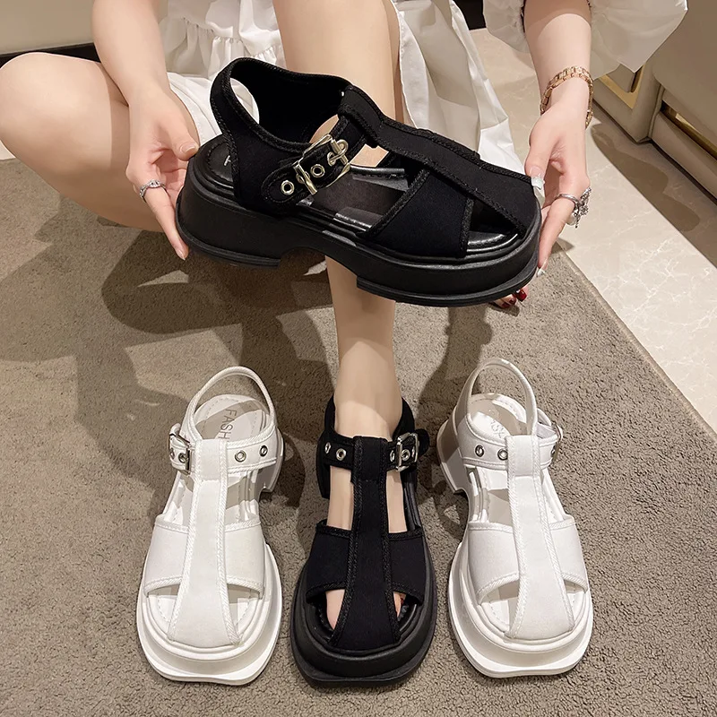 

Сандалии на платформе и низком каблуке, мягкая удобная повседневная пляжная обувь, с круглым носком, школьные босоножки для женщин