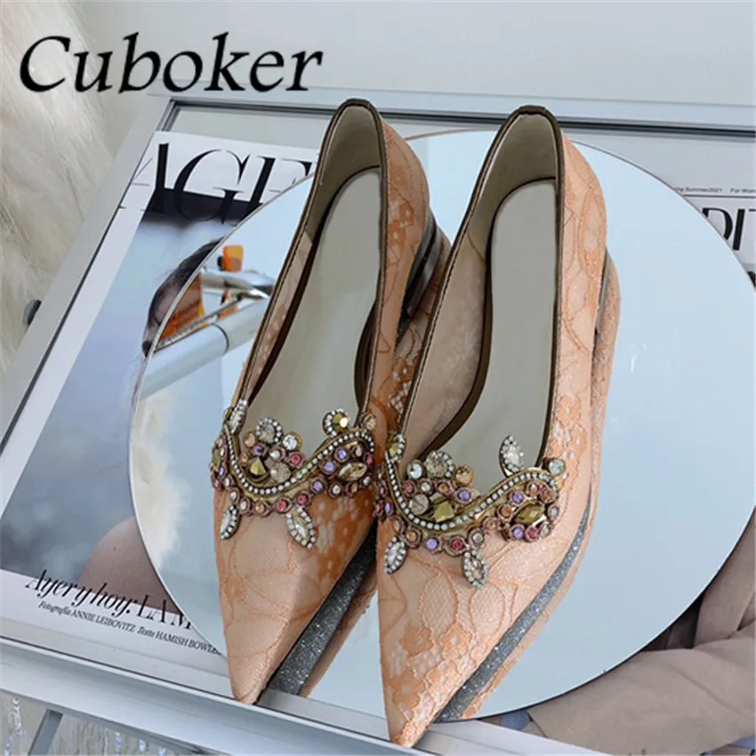 

2022 New Luxury Rhinestone Lace Flats Shoes Women Slip On Pointed Toe Crystal Shoes Brand Designer Casual Party Dress Shoes