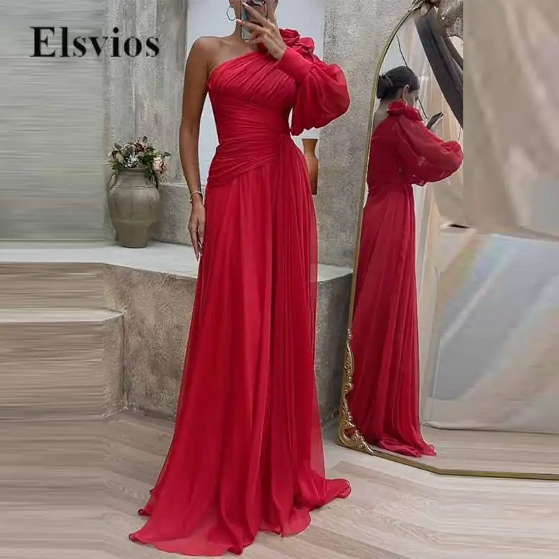 

Элегантное платье-макси на одно плечо с рукавом-фонариком, модное газовое шифоновое Плиссированное вечернее платье с высоким разрезом, женское однотонное длинное платье