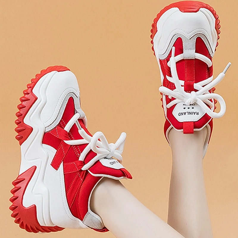 Fashion 7cm Genuine Leather Chunky Sneakers Current 2023 Mesh Female Summer Women Vulcanize Comfy Casual Lace Up Ladies Shoes