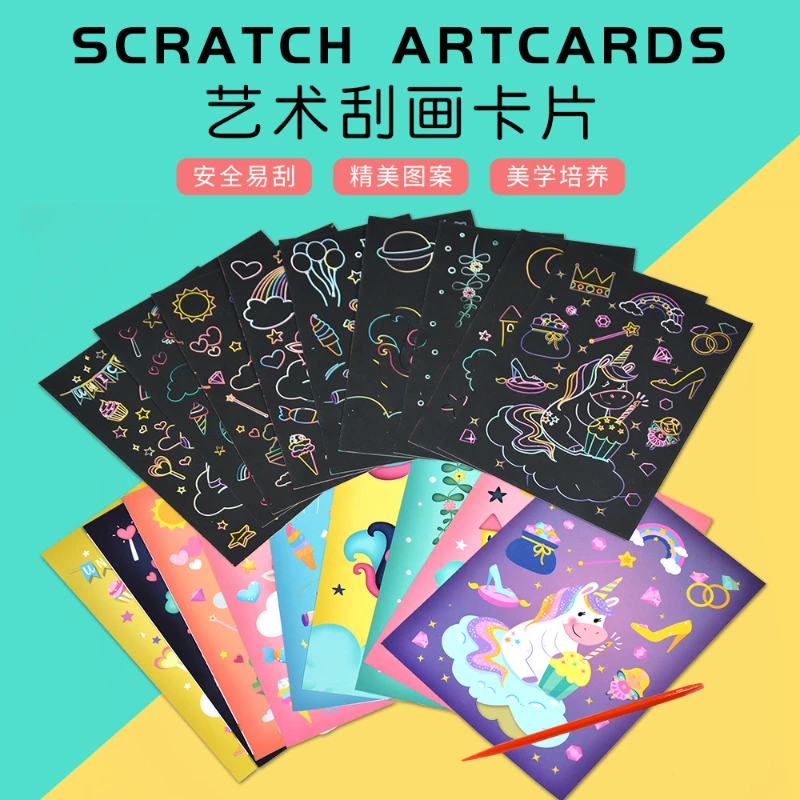 

9 pages Kids Art Scraping Painting Magic Drawing Graffiti DIY Craft Paper Educational Toy Children's Colorful Paper Cartoon Game