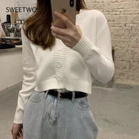 ladies button v neck pullover sweater womens fall winter 2021 new outer solid color cardigan long sleeved short knitted tops