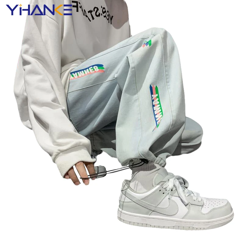 Spring and Autumn New Side Printing Trend Men's Jeans Straight Pants Loose Wide-leg Jeans Large Size Hip-hop Street Men Clothing