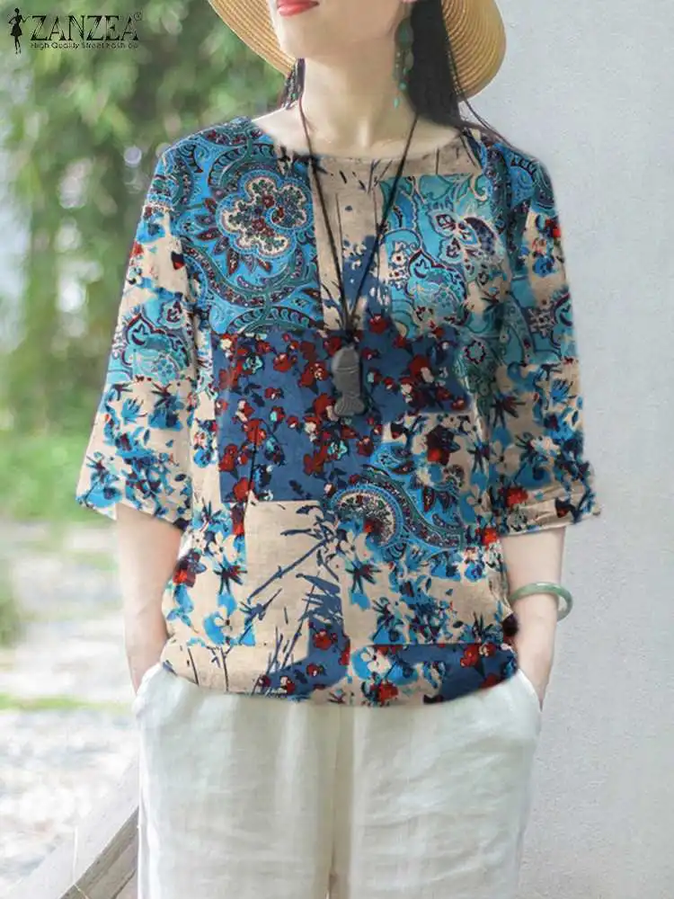 

ZANZEA Retro Color Fashion Tunic Tops Women Floral Printed 3/4 Sleeve Bohemian Blosues O neck Casual Loose 2023 Summer Shirts
