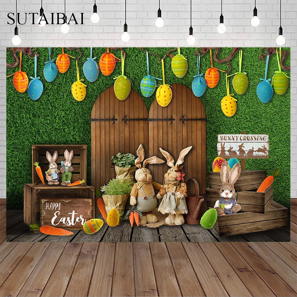 

Весенний Пасхальный фон для фотосъемки с пасхальными яйцами, Деревянной Стеной и зеленой лужайкой, фотографический фон с кроликом