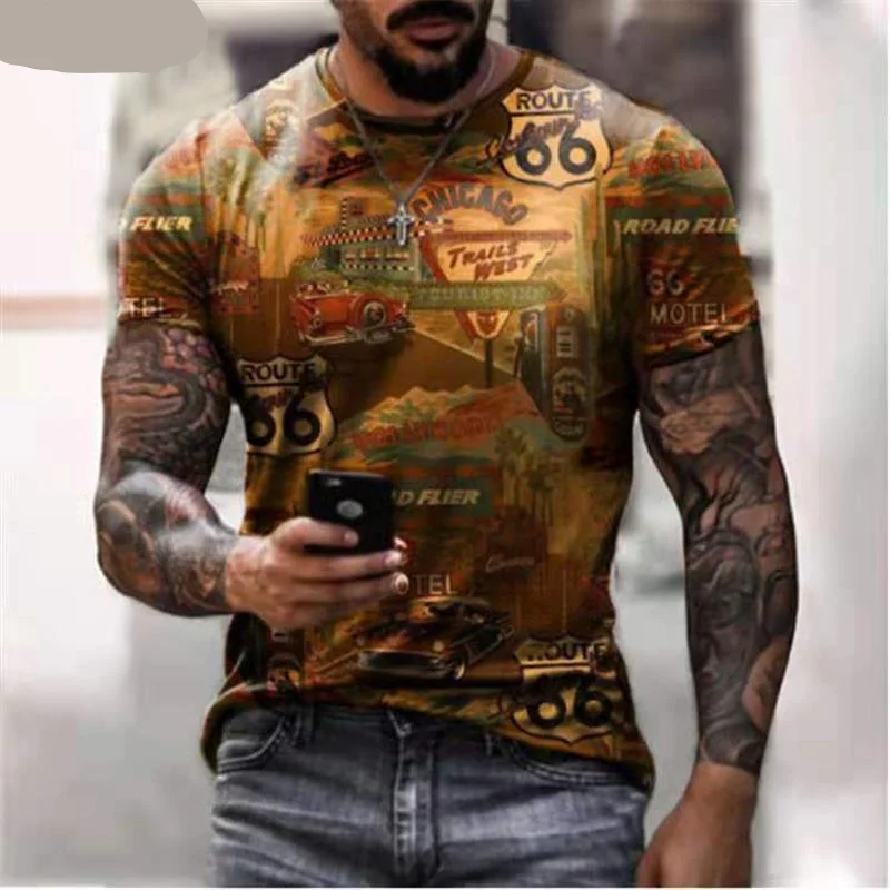 

66 American Road T-Shirt Summer New Short-Sleeved T-Shirt Top O-Neck T-Shirt Men'S Oversized Shirt Retro Clothing Streetwear