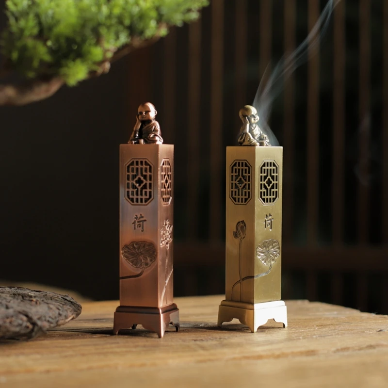 Monk Lotus Line Incense Burner Alloy Incense Stick Holder Ornament Crafts for Home Bedroom Living Office Desktop Decoration