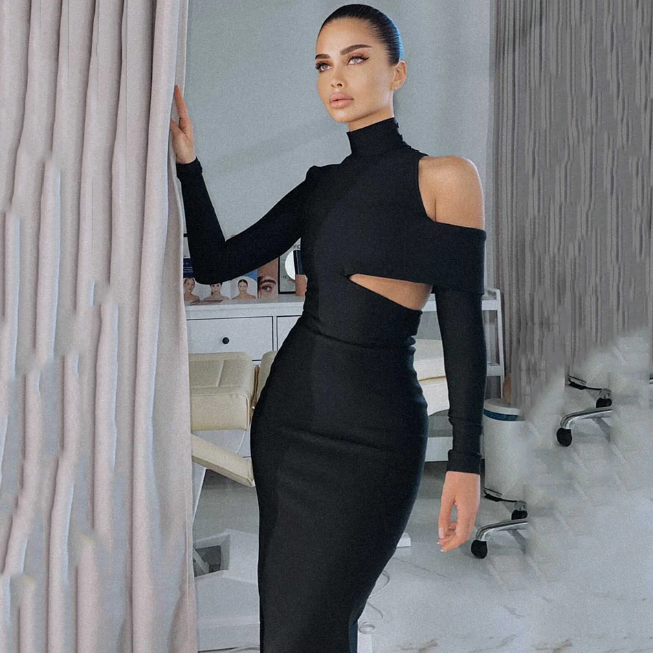 

Ailigou Summer New Elegant Long Sleeve Strapless Hollow Black Midi Bodycon Ladies Bandage Dress 2022 Sexy Party Dress Vestidos