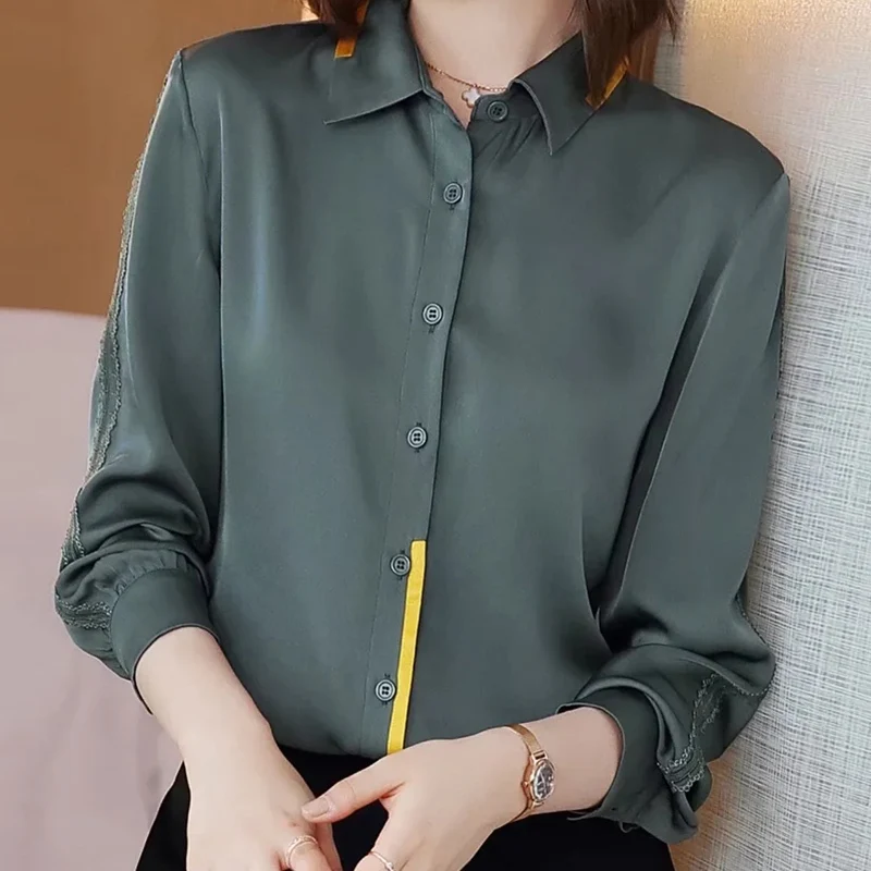 

MIUXIMAO 2022 New Spring Women's Clothing Lapel Long Sleeve Soild Blouse Fashion Elegant Office Style