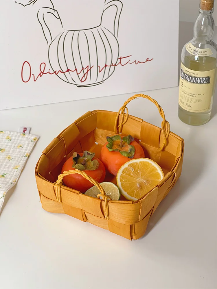 

INS Japanese Handmade Weaving Basket Bread Fruit Storage Basket Double Ear Picnic Fruit Basket Desktop Storage Basket
